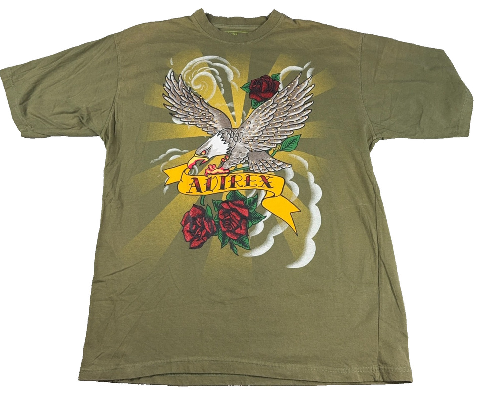 Avirex Mens L Eagle Roses Graphic T Shirt Rhinestone Studded Olive Green Y2K